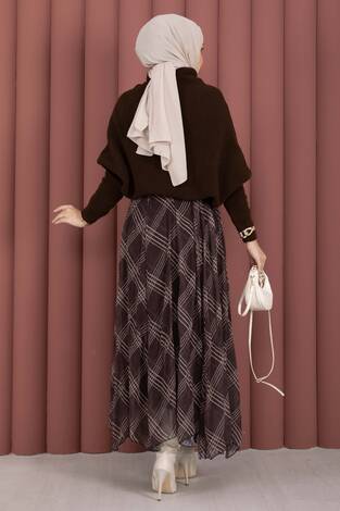Ekose Desen Astarlı Şifon Etek Kahve - Thumbnail