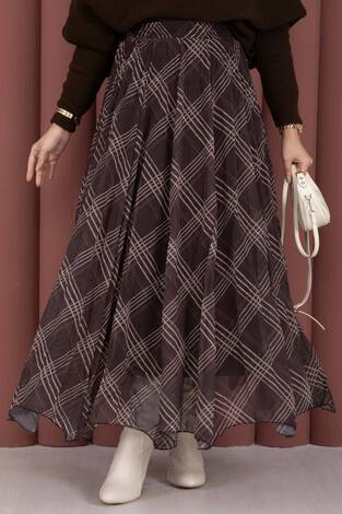 Ekose Desen Astarlı Şifon Etek Kahve - Thumbnail