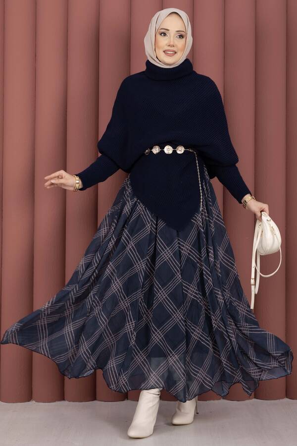 Efl - Ekose Desen Astarlı Şifon Etek Lacivert