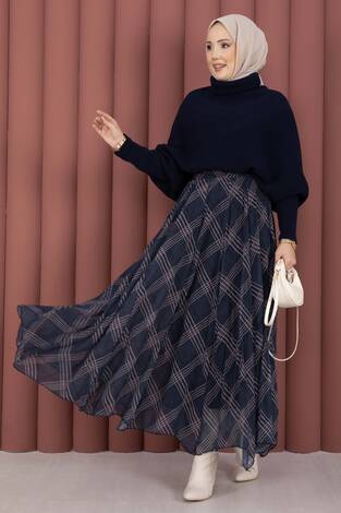 Ekose Desen Astarlı Şifon Etek Lacivert - Thumbnail