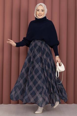 Ekose Desen Astarlı Şifon Etek Lacivert - Thumbnail