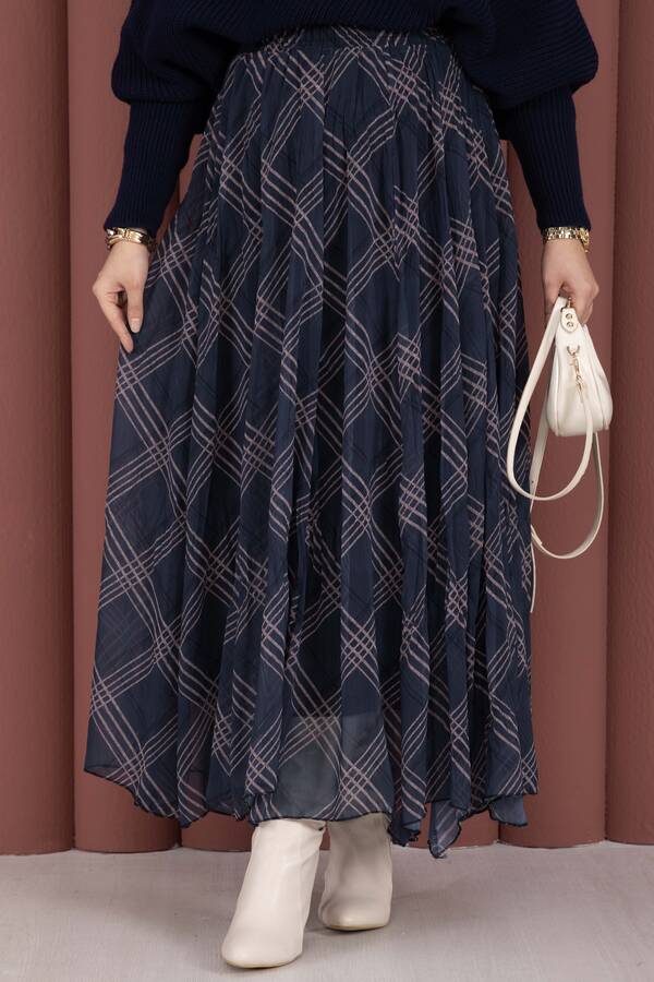 Efl - Ekose Desen Astarlı Şifon Etek Lacivert (1)