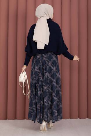 Ekose Desen Astarlı Şifon Etek Lacivert - Thumbnail