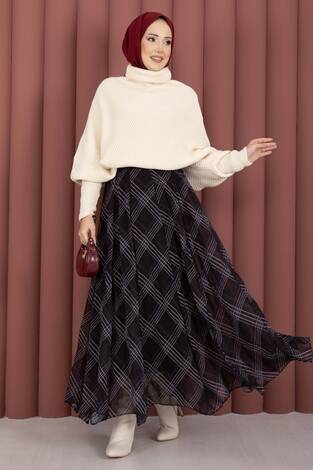 Ekose Desen Astarlı Şifon Etek Siyah - Thumbnail