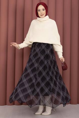 Ekose Desen Astarlı Şifon Etek Siyah - Thumbnail