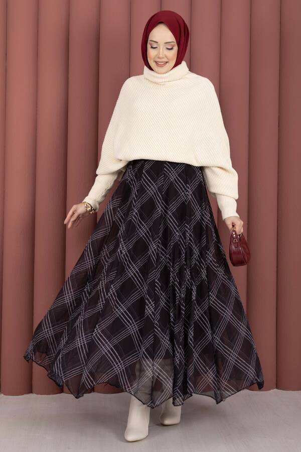 Efl - Ekose Desen Astarlı Şifon Etek Siyah