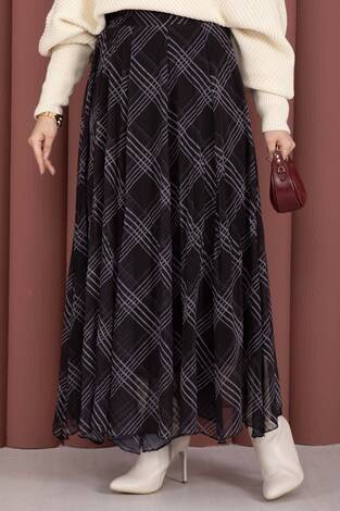 Ekose Desen Astarlı Şifon Etek Siyah - Thumbnail