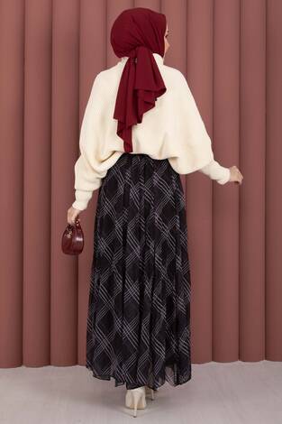 Ekose Desen Astarlı Şifon Etek Siyah - Thumbnail