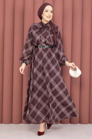 Ekose Desen Beli Büzgülü Tesettür Elbise Bordo - Thumbnail