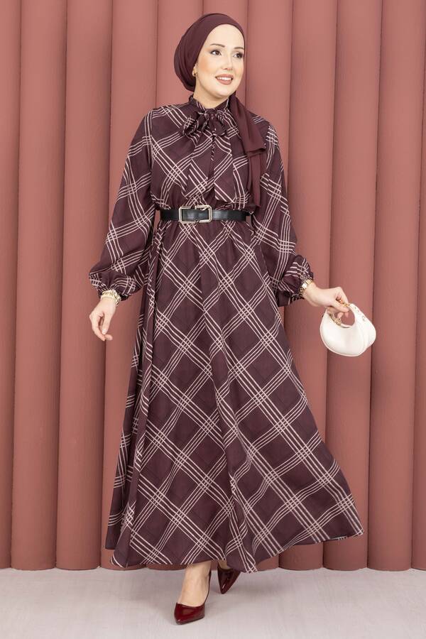 MD - Ekose Desen Beli Büzgülü Tesettür Elbise Bordo