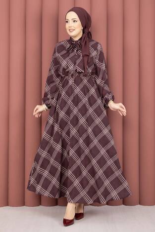 Ekose Desen Beli Büzgülü Tesettür Elbise Bordo - Thumbnail