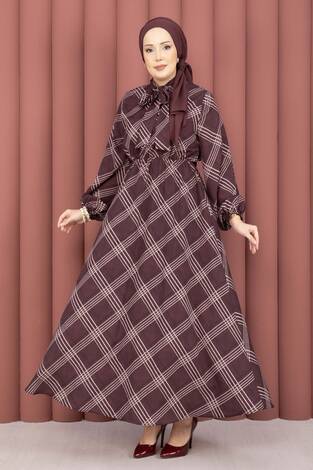 Ekose Desen Beli Büzgülü Tesettür Elbise Bordo - Thumbnail