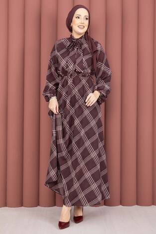 Ekose Desen Beli Büzgülü Tesettür Elbise Bordo - Thumbnail