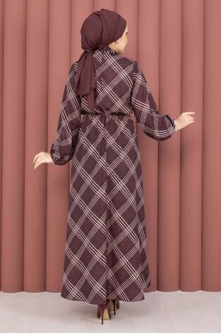 Ekose Desen Beli Büzgülü Tesettür Elbise Bordo - Thumbnail