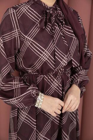 Ekose Desen Beli Büzgülü Tesettür Elbise Bordo - Thumbnail