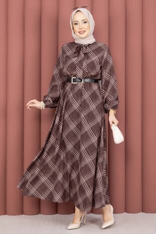 Ekose Desen Beli Büzgülü Tesettür Elbise Kahve - Thumbnail