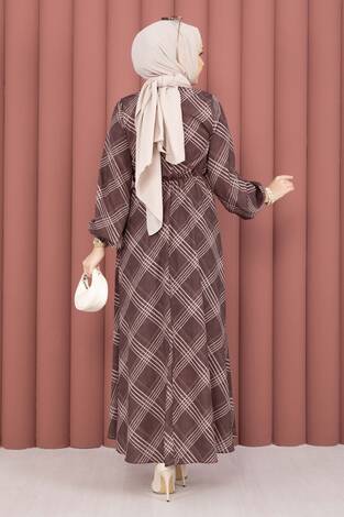 Ekose Desen Beli Büzgülü Tesettür Elbise Kahve - Thumbnail