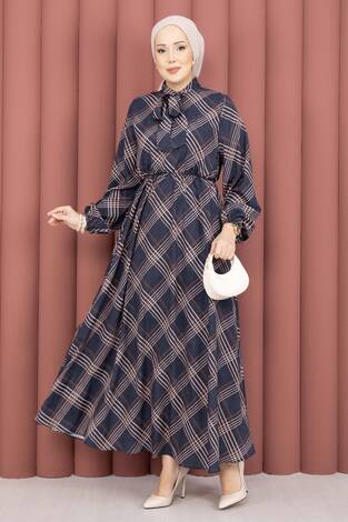 Ekose Desen Beli Büzgülü Tesettür Elbise Lacivert - Thumbnail