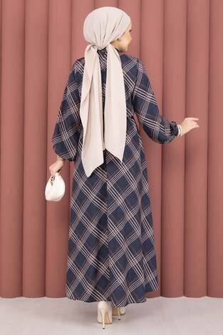 Ekose Desen Beli Büzgülü Tesettür Elbise Lacivert - Thumbnail