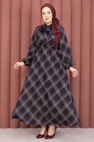 Ekose Desen Beli Büzgülü Tesettür Elbise Siyah - Thumbnail