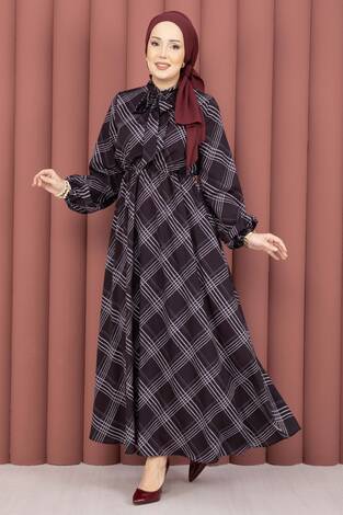 Ekose Desen Beli Büzgülü Tesettür Elbise Siyah - Thumbnail