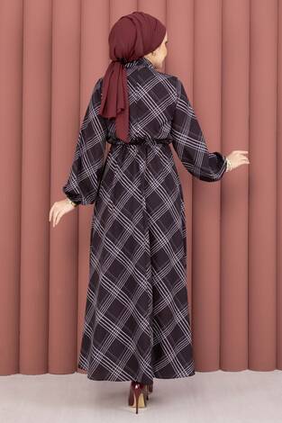 Ekose Desen Beli Büzgülü Tesettür Elbise Siyah - Thumbnail