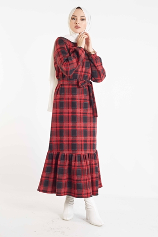 Ekose Desen Elbise 100MD10128 Kırmızı - Thumbnail