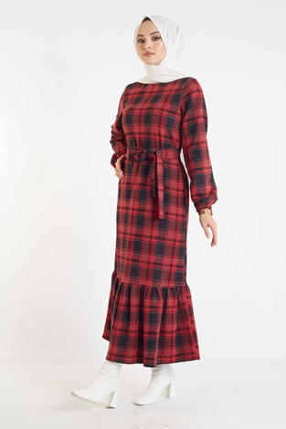 Ekose Desen Elbise 100MD10128 Kırmızı - Thumbnail