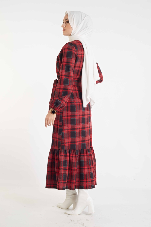 Ekose Desen Elbise 100MD10128 Kırmızı
