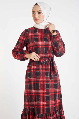 Ekose Desen Elbise 100MD10128 Kırmızı-Gri - Thumbnail