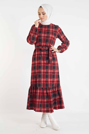 Ekose Desen Elbise 100MD10128 Kırmızı-Gri - Thumbnail