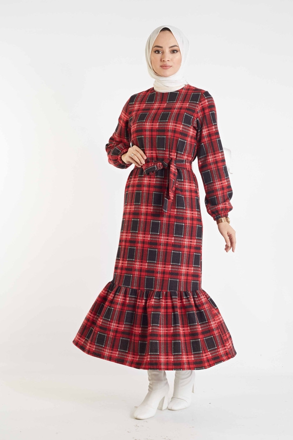 Ekose Desen Elbise 100MD10128 Kırmızı-Gri