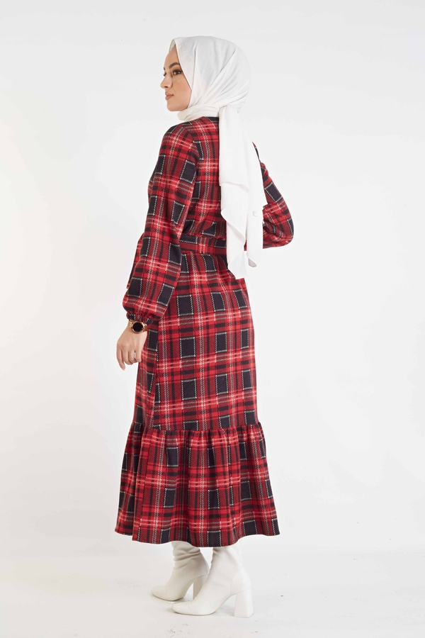 Ekose Desen Elbise 100MD10128 Kırmızı-Gri