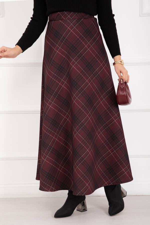 Kç - Ekose Desen Scuba Etek Bordo (1)