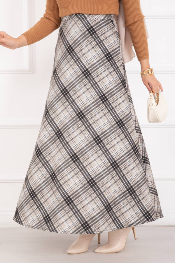 Kç - Ekose Desen Scuba Etek Krem (1)