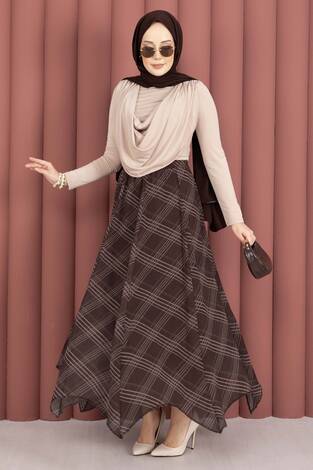 Ekose Desenli Asimetrik Kesim Şifon Etek Kahve - Thumbnail