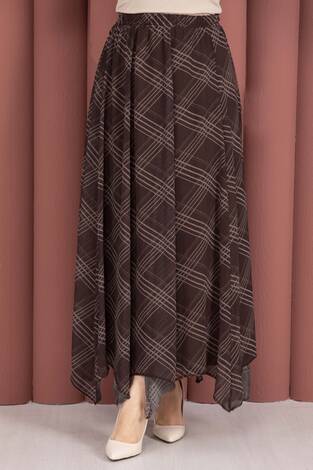 Ekose Desenli Asimetrik Kesim Şifon Etek Kahve - Thumbnail