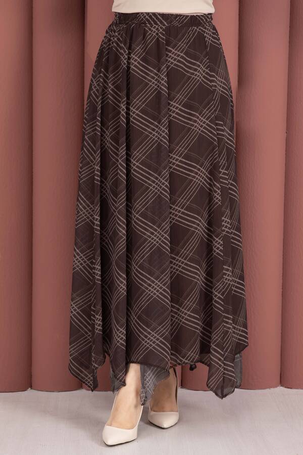 MD - Ekose Desenli Asimetrik Kesim Şifon Etek Kahve (1)
