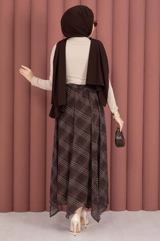 Ekose Desenli Asimetrik Kesim Şifon Etek Kahve - Thumbnail