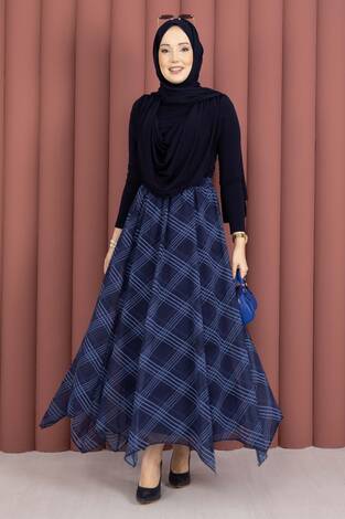 Ekose Desenli Asimetrik Kesim Şifon Etek Lacivert - Thumbnail
