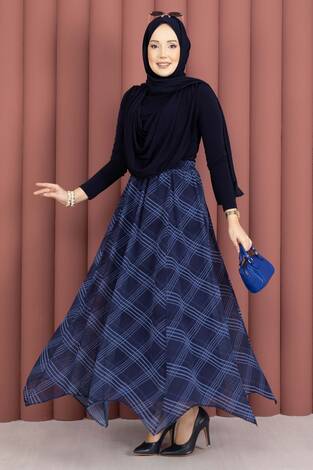 Ekose Desenli Asimetrik Kesim Şifon Etek Lacivert - Thumbnail