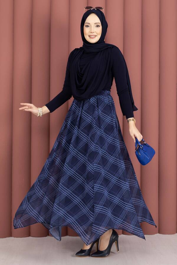 MD - Ekose Desenli Asimetrik Kesim Şifon Etek Lacivert