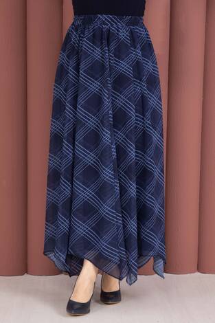 Ekose Desenli Asimetrik Kesim Şifon Etek Lacivert - Thumbnail