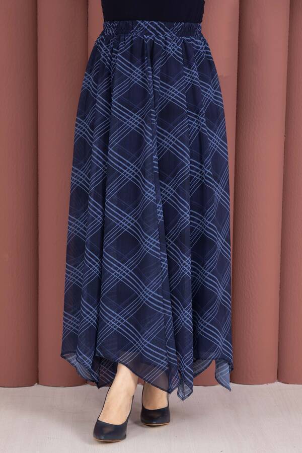 MD - Ekose Desenli Asimetrik Kesim Şifon Etek Lacivert (1)