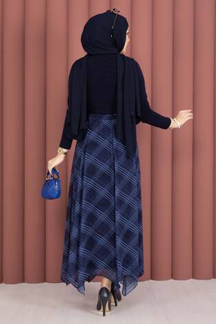 Ekose Desenli Asimetrik Kesim Şifon Etek Lacivert - Thumbnail