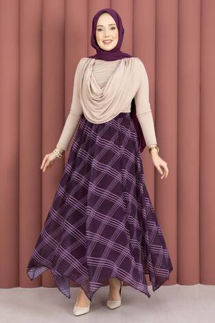 Ekose Desenli Asimetrik Kesim Şifon Etek Mor - Thumbnail