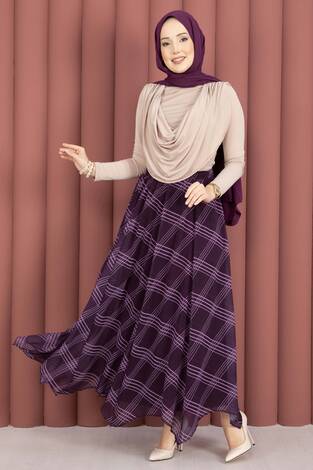 Ekose Desenli Asimetrik Kesim Şifon Etek Mor - Thumbnail