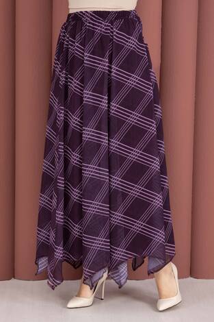 Ekose Desenli Asimetrik Kesim Şifon Etek Mor - Thumbnail