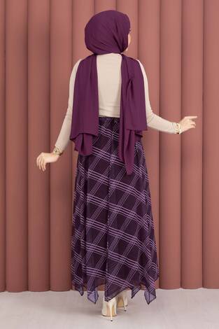 Ekose Desenli Asimetrik Kesim Şifon Etek Mor - Thumbnail