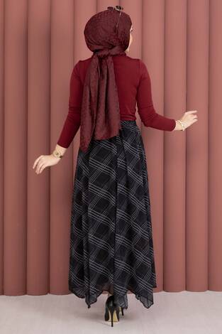 Ekose Desenli Asimetrik Kesim Şifon Etek Siyah - Thumbnail